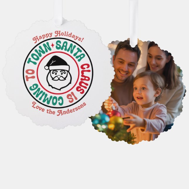 Retro Personalisiertes Weihnachts-Keepake-Foto Ornament Karte (Vorderseite/Rückseite)