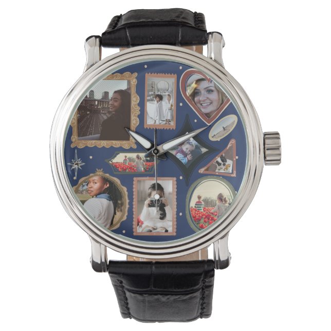 Retro Personalized 12 Photo Collage Template DIY Armbanduhr (Vorderseite)
