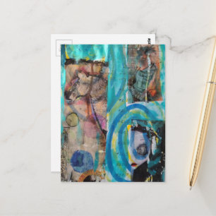 Retro-Pferd-, Esel- und Puppen-Mixed-Media-Collage Postkarte