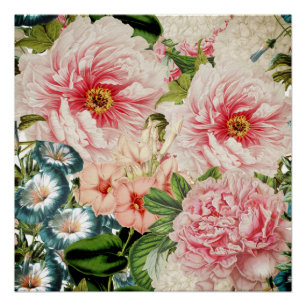 Retro Pfingstrosen-Blumen-Frühlings-Blumenmuster Poster