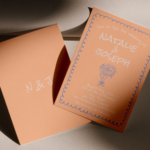 Retro-Pfirsich-Blau-Handgezeichnete-Funky-quirky-H Einladung