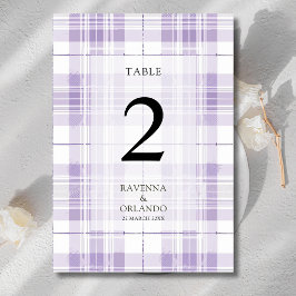 Retro-Pflaume-Purple-Gingham-Landhochzeit Tischnummer