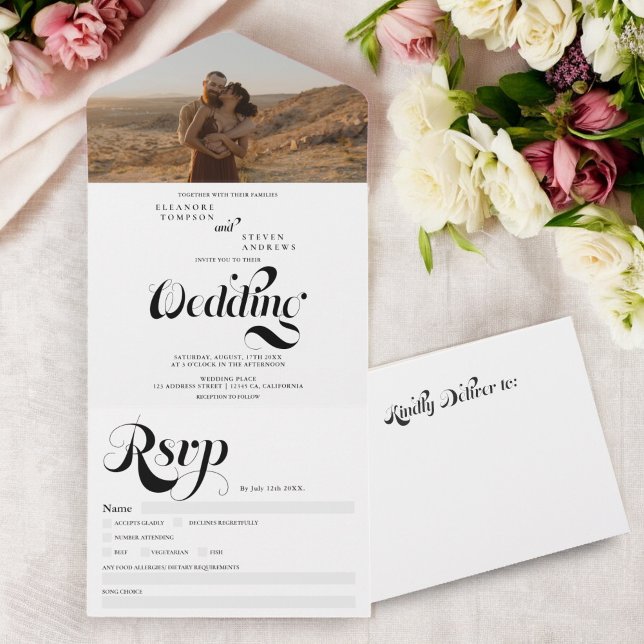 Retro photo black white script chic wedding all in one einladung (Retro photo black white script chic wedding all in one invitation)