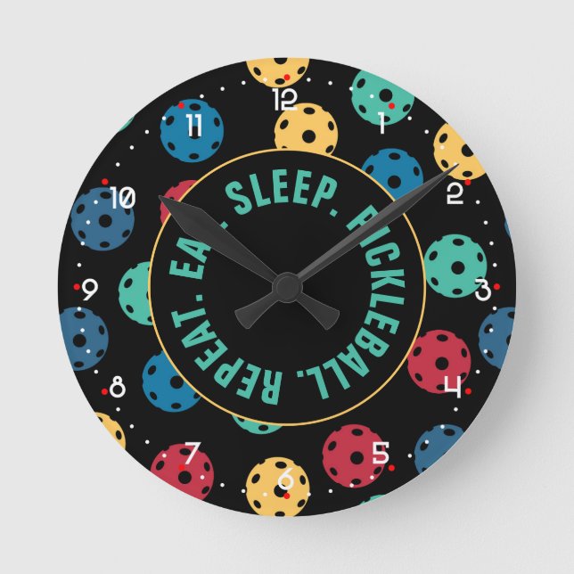 😍 Retro Pickleballs / black with numbers Round Cl Runde Wanduhr (Vorderseite)