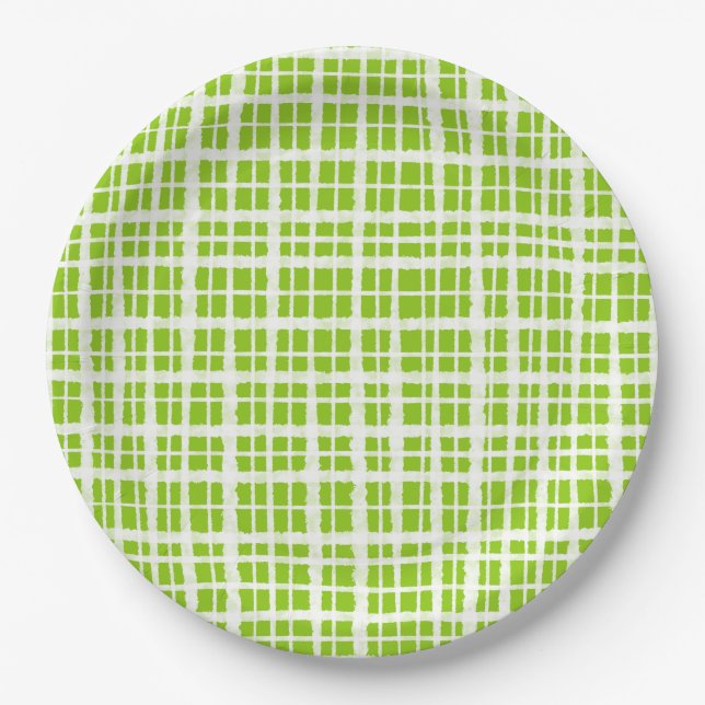 Retro Picnic Kariertes Muster in Lime Green und Wh Pappteller (Vorderseite)