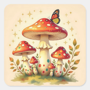 Retro-Pilze und Schmetterling Vintage-Farben Quadratischer Aufkleber