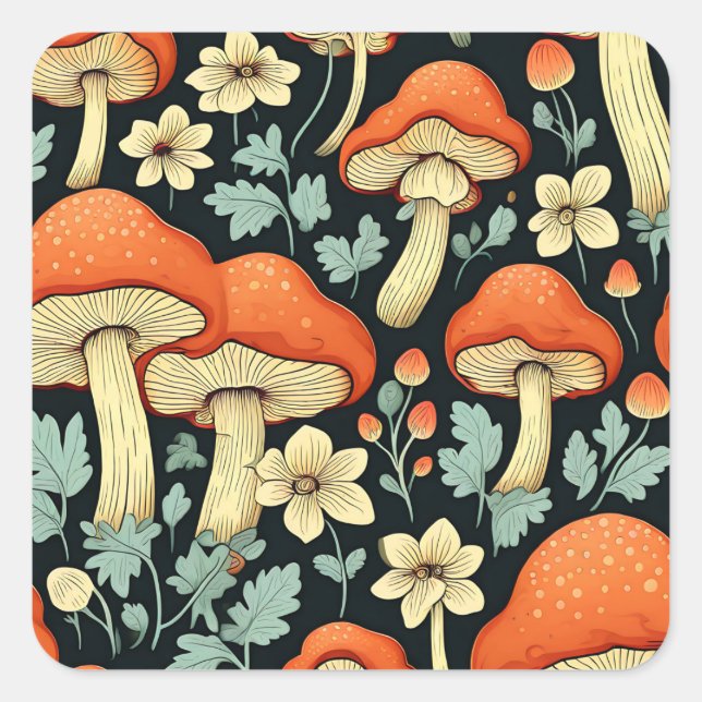Retro-Pilze Vintage Blume Quadratischer Aufkleber (Vorderseite)