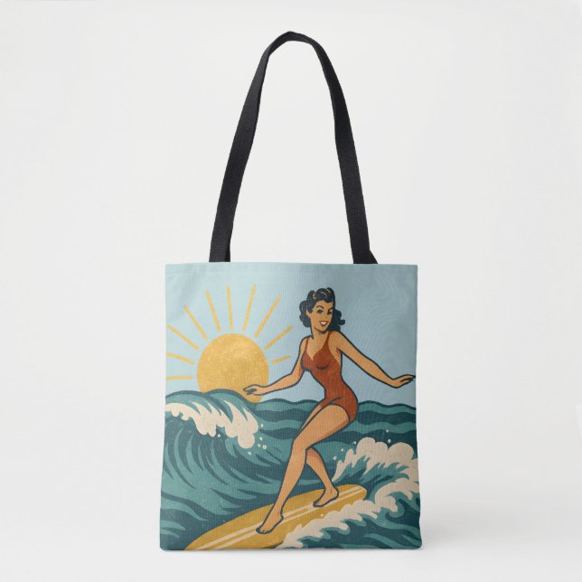 Retro Pin-Up Surfer Blue Coastal Surfing Art Beach Tasche (Vorderseite)