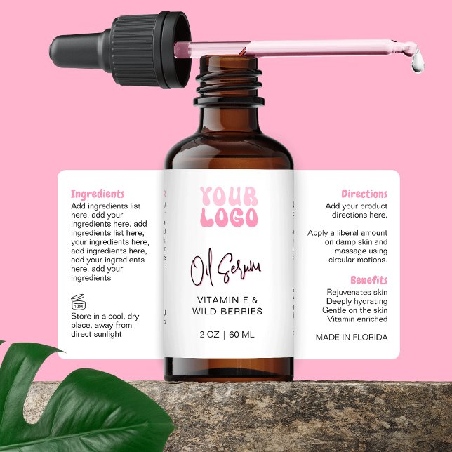 Retro Pink 2oz Dropper Bottle Wraparound (Trendy Retro White & Pink 2OZ* cosmetic bottle wrap around label with your logo *verify size)