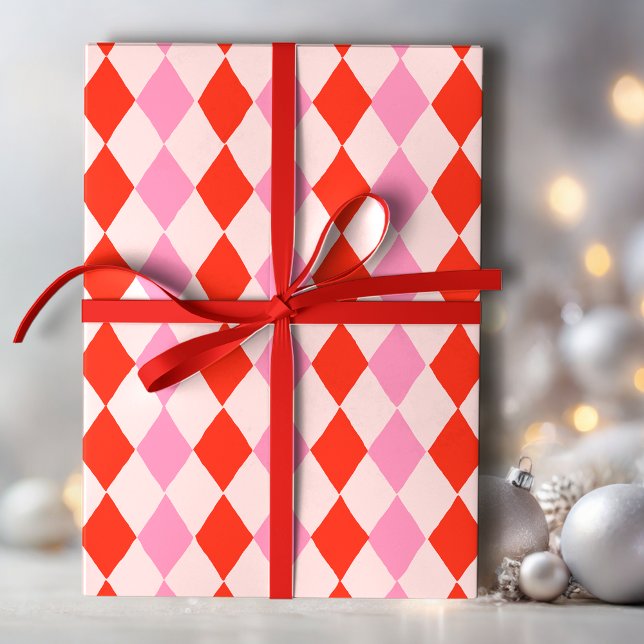 Retro Pink and Red Hand Drawn Diamond Pattern  Geschenkpapier (Von Creator hochgeladen)