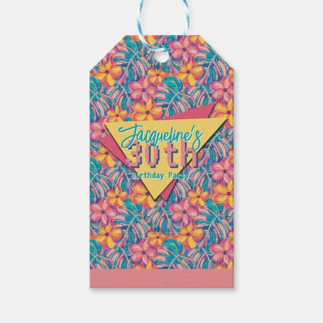Retro Pink and Yellow Floral Birthday Geschenkanhänger (Vorderseite)
