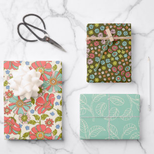 Retro Pink & Aqua Floral Wrapping Paper Flachblatt Geschenkpapier Set