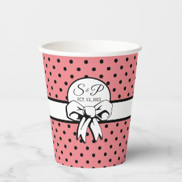 Retro Pink Black Polka Dot White Bow Personalisier Pappbecher