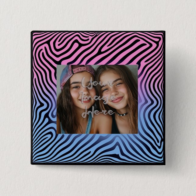 Retro Pink Blauer Gradient Zebra Strip Foto Rahmen Button (Vorderseite)