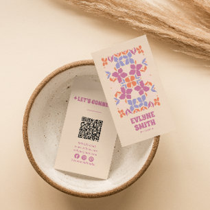 Retro Pink Blue Groovy Floral Girly Boho QR Code Visitenkarte