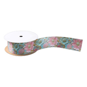 Retro Pink Blue tooled leather Satinband