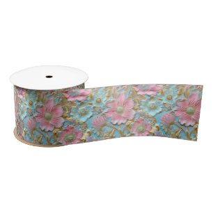 Retro Pink Blue tooled leather Satinband