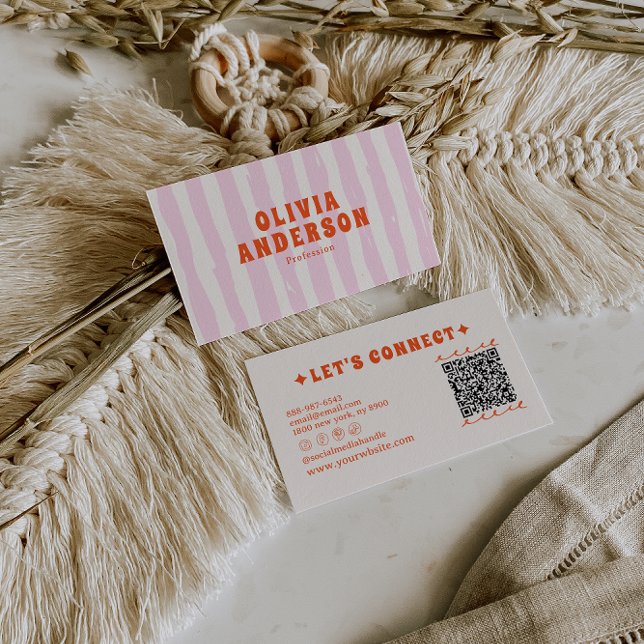 Retro Pink Boho Groovy Pinstripes Girly QR Code Visitenkarte (Von Creator hochgeladen)