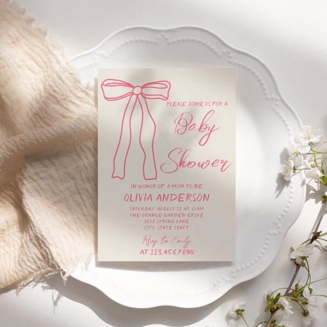 Retro Pink Bow Hand Drawn Writer Baby Girl Shower Einladung (Von Creator hochgeladen)