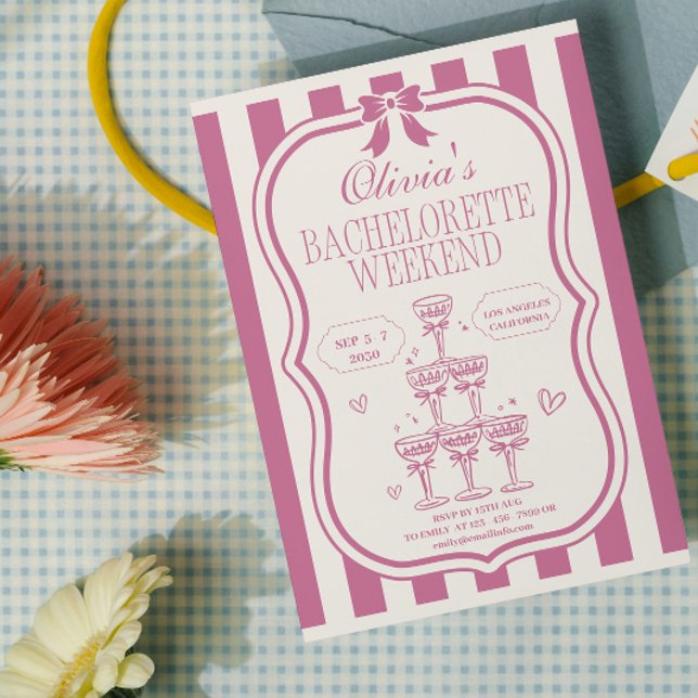Retro Pink Bow & Martini Bachelorette & Reisereien Einladung (Von Creator hochgeladen)