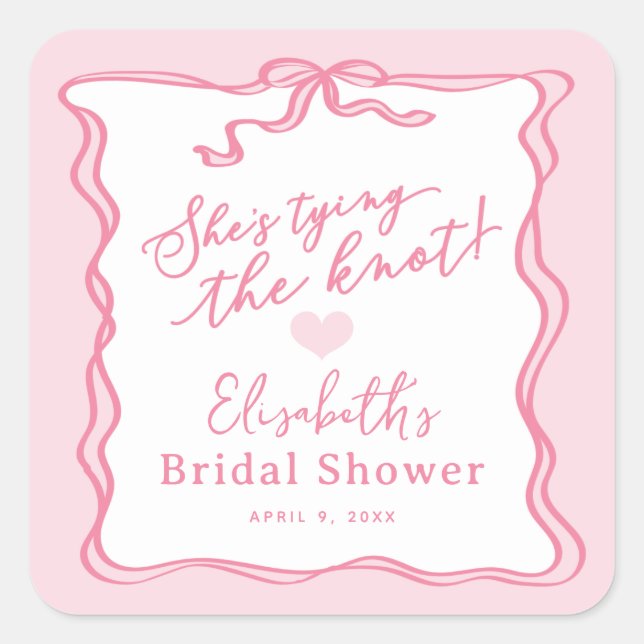 Retro Pink Bow She's Tying the Knot  Quadratischer Aufkleber (Vorderseite)