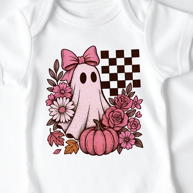 Retro Pink Coquette Ghost Girl mit Bow Halloween Baby Strampler (This coquette ghost retro Halloween design combines floral sweetness with spooky spirit.)