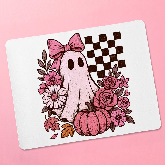 Retro Pink Coquette Ghost Girl mit Bow Halloween Mousepad (This coquette ghost retro Halloween design combines floral sweetness with spooky spirit.)