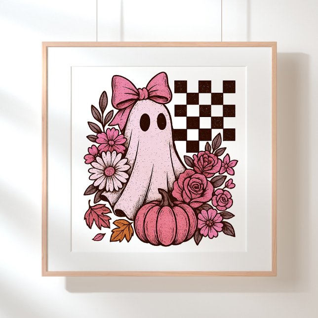 Retro Pink Coquette Ghost Girl mit Bow Halloween Poster (This coquette ghost retro Halloween design combines floral sweetness with spooky spirit.)