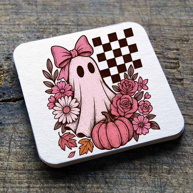 Retro Pink Coquette Ghost Girl mit Bow Halloween Rechteckiger Pappuntersetzer (This coquette ghost retro Halloween design combines floral sweetness with spooky spirit.)