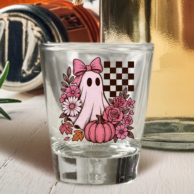 Retro Pink Coquette Ghost Girl mit Bow Halloween Schnapsglas (This coquette ghost retro Halloween design combines floral sweetness with spooky spirit.)