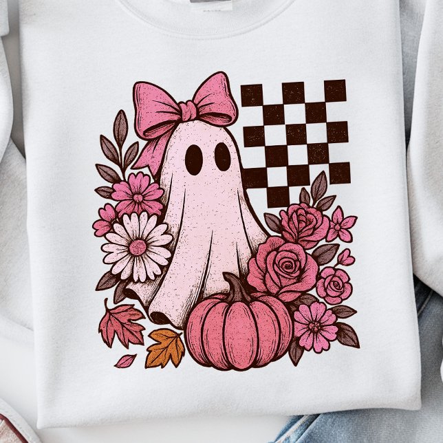 Retro Pink Coquette Ghost Girl mit Bow Halloween Sweatshirt (This coquette ghost retro Halloween design combines floral sweetness with spooky spirit.)