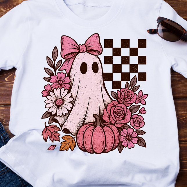 Retro Pink Coquette Ghost Girl mit Bow Halloween T-Shirt (This coquette ghost retro Halloween design combines floral sweetness with spooky spirit.)