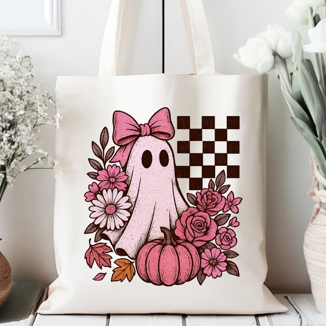 Retro Pink Coquette Ghost Girl mit Bow Halloween Tragetasche (This coquette ghost retro Halloween design combines floral sweetness with spooky spirit.)