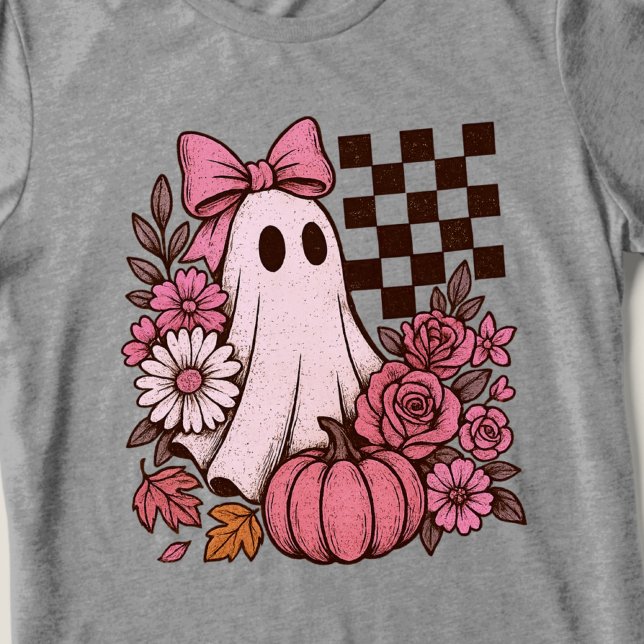 Retro Pink Coquette Ghost Girl mit Bow Halloween Tri-Blend Shirt (This coquette ghost retro Halloween design combines floral sweetness with spooky spirit.)