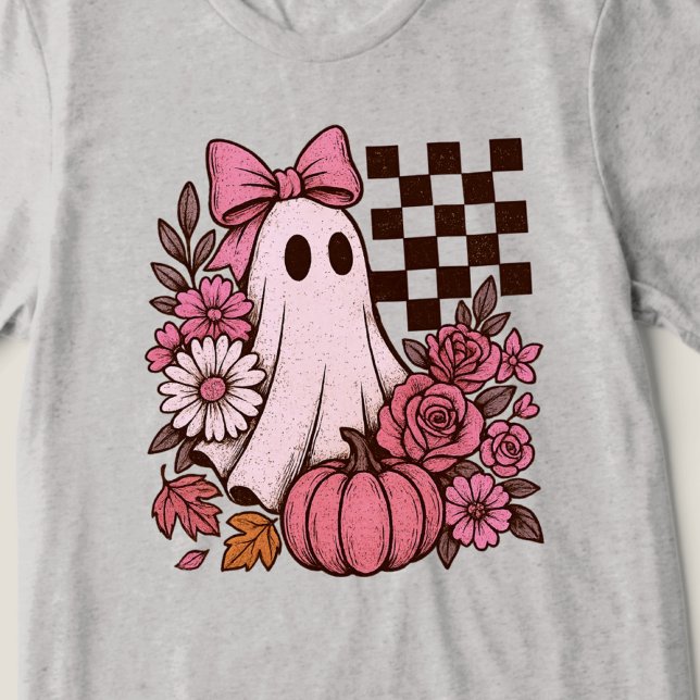 Retro Pink Coquette Ghost Girl mit Bow Halloween Tri-Blend Shirt (This coquette ghost retro Halloween design combines floral sweetness with spooky spirit.)