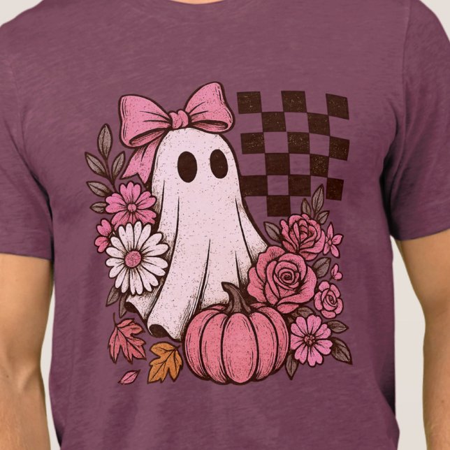 Retro Pink Coquette Ghost Girl mit Bow Halloween Tri-Blend Shirt (This coquette ghost retro Halloween design combines floral sweetness with spooky spirit.)