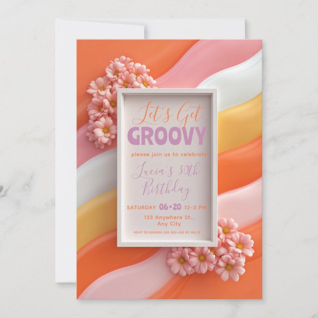 Retro Pink Daisy and Orange Gummy Waves Birthday Einladung (Vorderseite)
