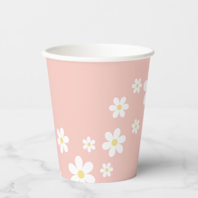 Retro Pink Daisy Birthday Pappbecher (Vorderseite)
