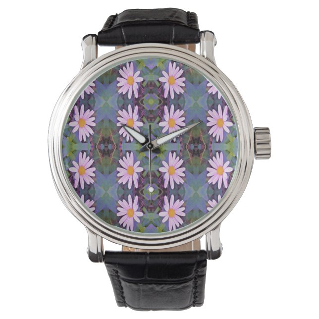 Retro Pink Daisy Blume Pattern Armbanduhr (Vorderseite)