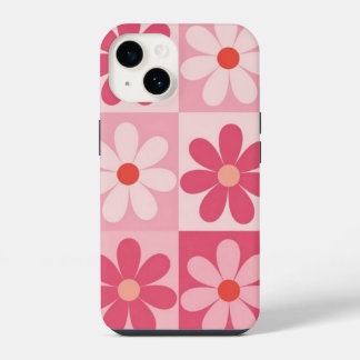 Retro Pink Daisy Checkerboard-Muster iPhone 14 Hülle