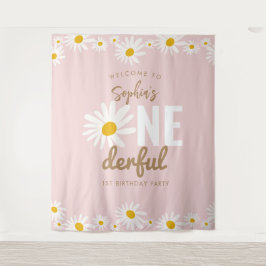 Retro Pink Daisy ONEderful 1. Geburtstag Party Wandteppich