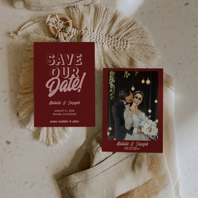 Retro Pink Deep Red Modern Unique Photo Wedding Save The Date (Von Creator hochgeladen)