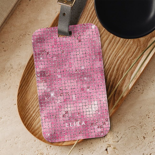 Retro Pink Disco Mirror | Monogramm Gepäckanhänger (A glam, dark pink disco ball inspired luggage tag)