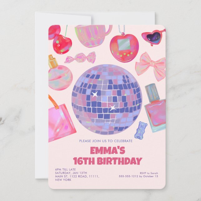 Retro Pink Disco yk2 ästhetische Sweet 16 Birthday Einladung (Vorderseite)