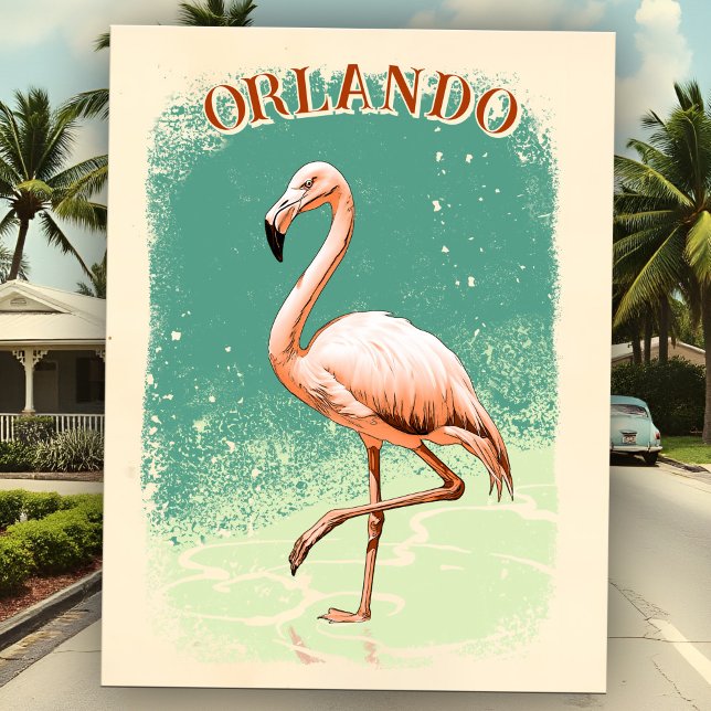 Retro Pink Flamingo Florida Urlaub Souvenir Stadt Postkarte (Retro Pink Flamingo postcard in vintage Miami style, personalized with Florida destination city.)