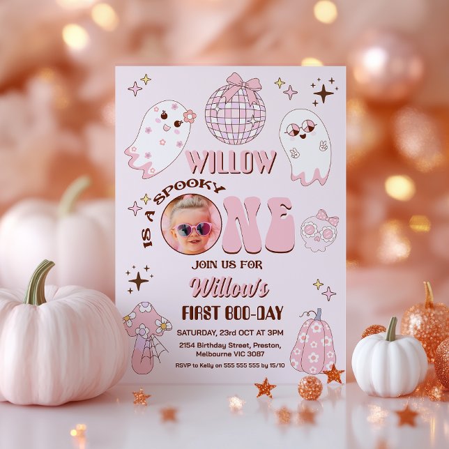Retro Pink Foto Halloween Spooky 1. Geburtstag Einladung (Spooky One Birthday Invitation Pink Template, Halloween 1st Birthday Invitation Retro, Spooky One )