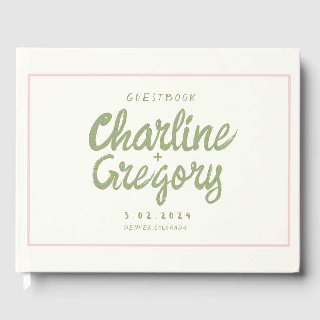 Retro Pink Green Handwriting Wedding Gästebuch (Vorderseite)