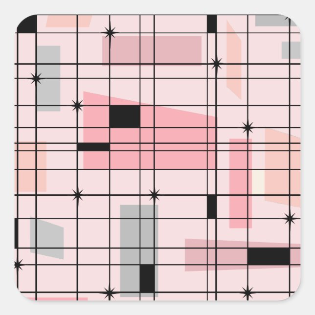 Retro Pink Grid und Sternexplosionen Square Sticke Quadratischer Aufkleber (Vorderseite)