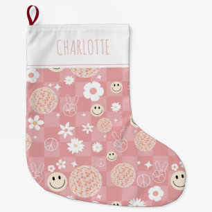 Retro Pink Groovy Checkered Hippie Kinder Mädchen Großer Weihnachtsstrumpf