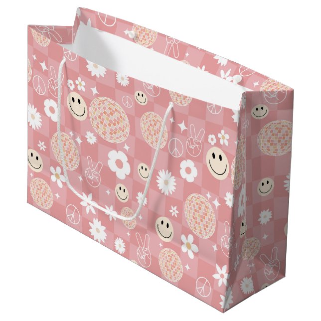Retro Pink Groovy Checkered Hippie Muster Große Geschenktüte (Vorderseite Schrägansicht)